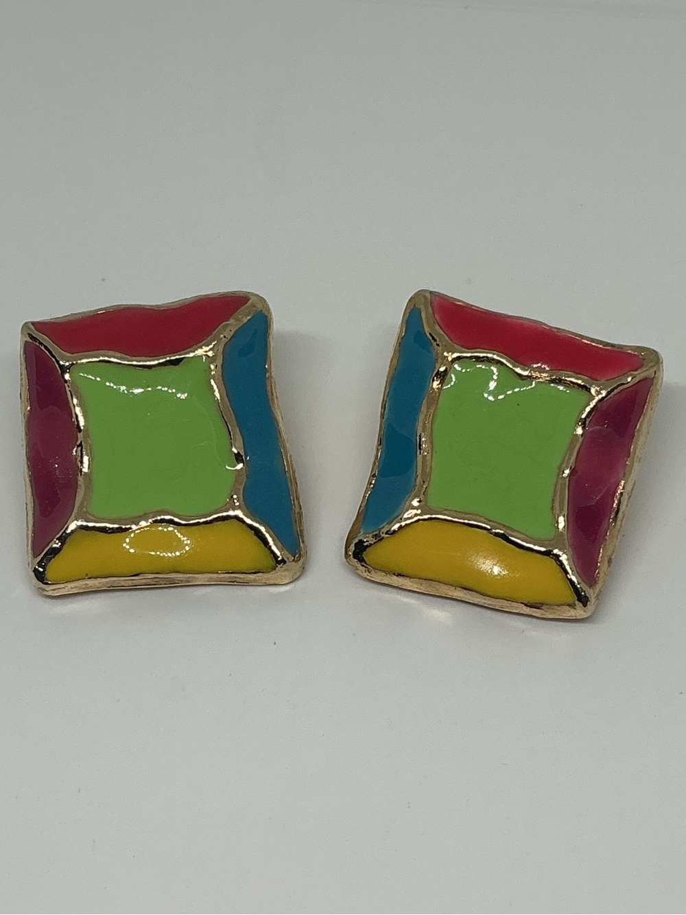 Vintage Colorful Enamel Mosaic Ceramic Clip On Earrings